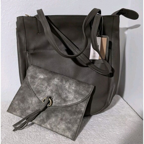 Anthropologie Viola Convertible Tote & Clutch Bag Olive Green NWT Pebble Leather - Picture 2 of 12